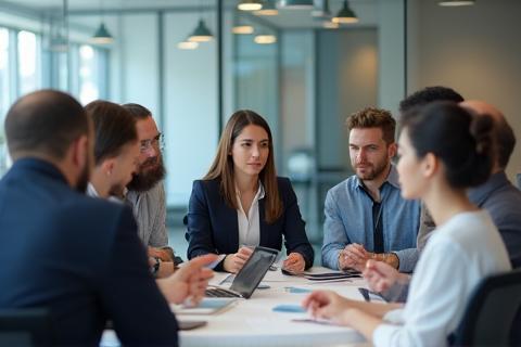Emirates Connect team consulting clients in office
