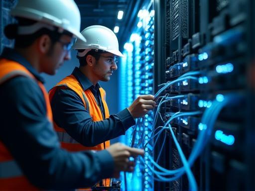 Engineers installing fiber optic cable in a Dubai office building