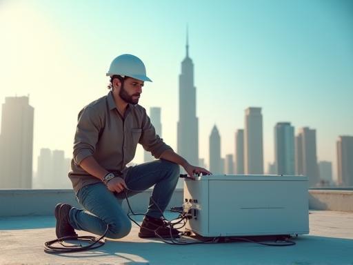 Technician setting up wireless internet equipment on UAE rooftop